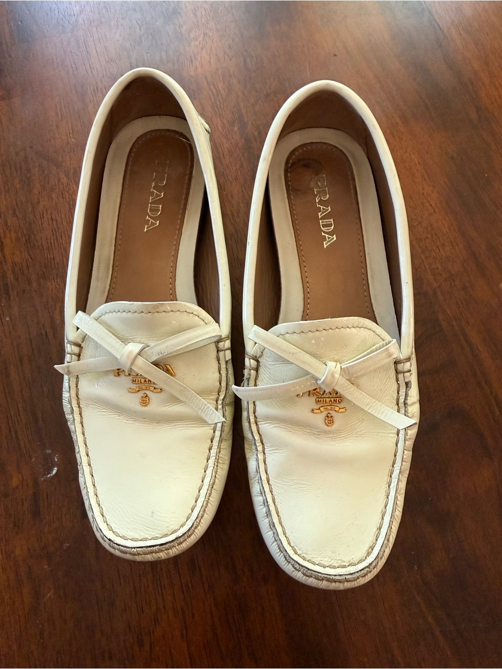 Prada Cream Leather Bow Loafers for Women